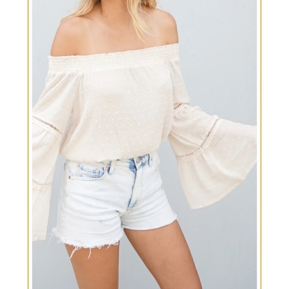 Ivory Tier Bell Sleeved Off Shoulder Blouse large - Picture 5 of 5